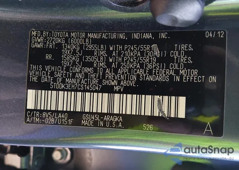 2012 Toyota Highlander Limited V6 z USA, uszkodzony, nr VIN 5TDDK3EH7CS145047